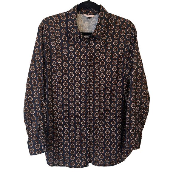 THE KIT Annie Shirt Womens Large Button Up Gray Orange Block Printed Office Work - Picture 1 of 10
